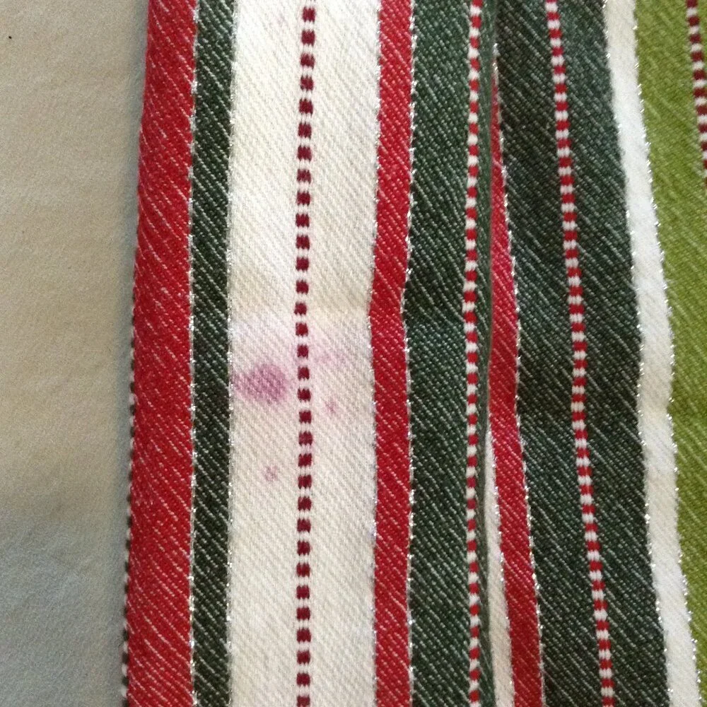 VTG Christmas Tablecloth; 100% Cotton, Striped, White Pines, 54x94